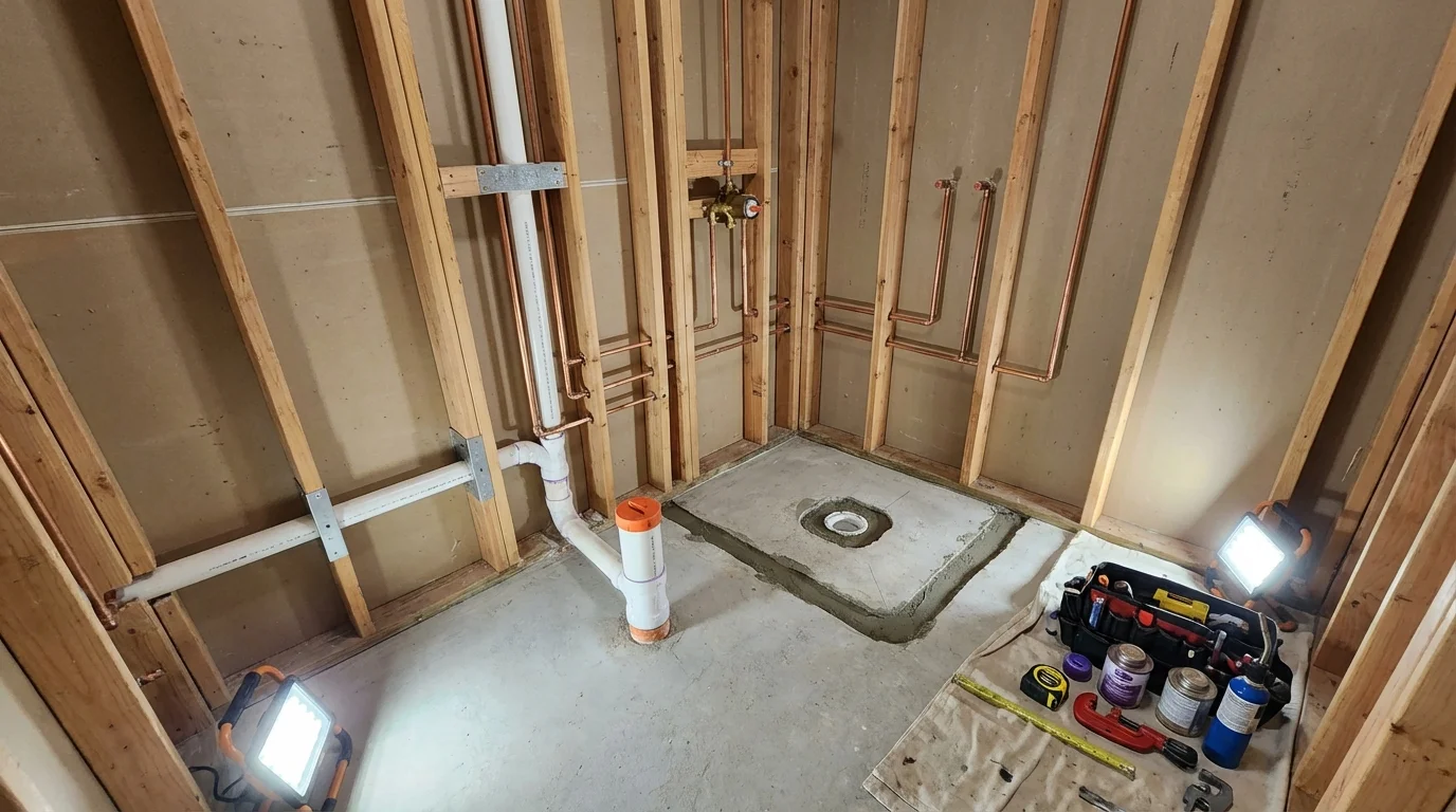 Bathroom rough-in plumbing during remodel by Johns Plumbing LLC in Ida Grove