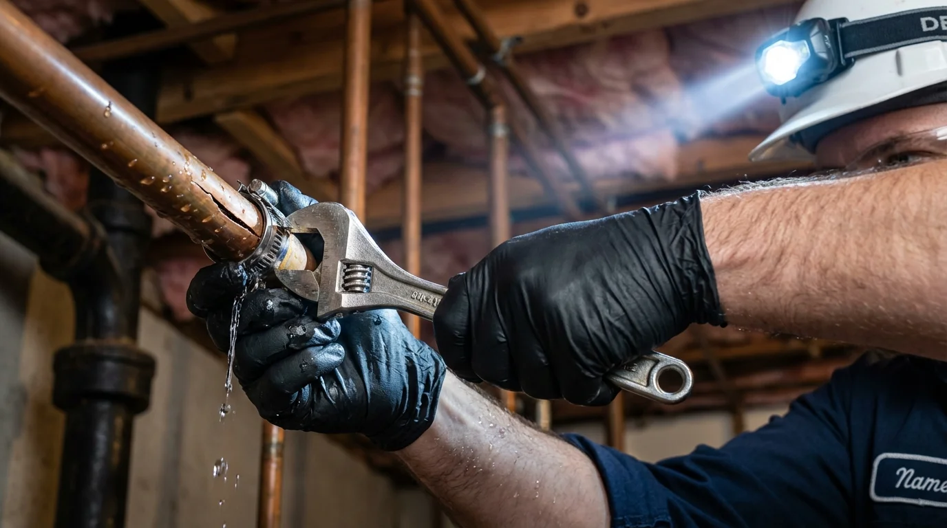 Emergency pipe clamp repair being performed by a Johns Plumbing LLC plumber in Ida Grove