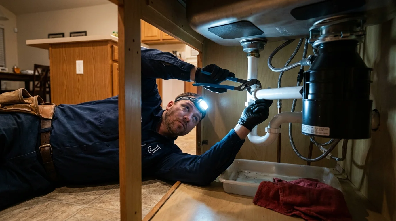 P-trap and supply line connections under a kitchen sink showing a common leak point in Ida Grove, IA